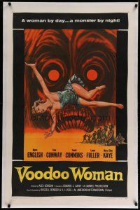 4f188 VOODOO WOMAN linen 1sh '57 sexy Albert Kallis horror art, woman by day, a monster by night!