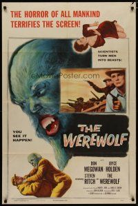 4f136 WEREWOLF 1sh '56 two great wolf-man horror images, it happens before your horrified eyes!