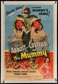 4g008 ABBOTT & COSTELLO MEET THE MUMMY linen 1sh '55 best artwork of Bud & Lou with monster!