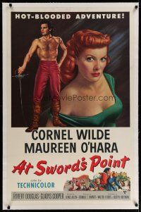 4g027 AT SWORD'S POINT linen 1sh '52 full-length Cornel Wilde, close up art of sexy Maureen O'Hara!
