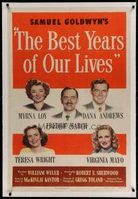 4g037 BEST YEARS OF OUR LIVES linen 1sh '47 Myrna Loy, Fredric March, Teresa Wright, Mayo, Andrews