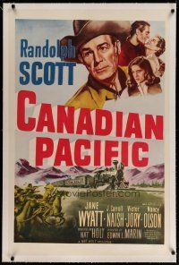 4g069 CANADIAN PACIFIC linen 1sh R54 cowboy Randolph Scott, Jane Wyatt, cool art of Indian attack!