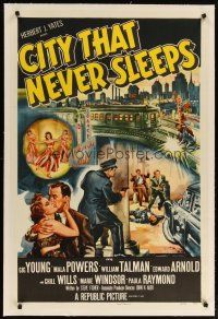 4g080 CITY THAT NEVER SLEEPS linen 1sh '53 great art of gunfight under elevated train in Chicago!