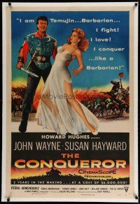 4g085 CONQUEROR linen 1sh '56 barbarian John Wayne grabs half-dressed sexy Susan Hayward!