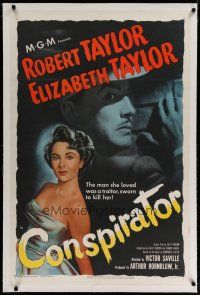 4g086 CONSPIRATOR linen 1sh '49 art of English spy Robert Taylor & sexy young Elizabeth Taylor!
