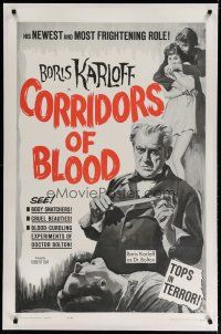 4g089 CORRIDORS OF BLOOD linen 1sh '63 Boris Karloff, Christopher Lee, blood-curdling experiments!