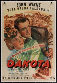 4g096 DAKOTA linen 1sh '45 John Wayne & pretty Vera Ralston in a romantic spectacle of the West!