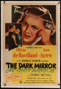 4g101 DARK MIRROR linen 1sh '46 Lew Ayres loves one twin Olivia de Havilland and hates the other!