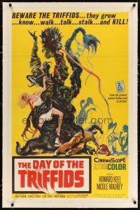 4g103 DAY OF THE TRIFFIDS linen 1sh '62 classic English sci-fi horror, cool art of monster with girl