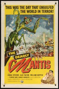4g105 DEADLY MANTIS linen 1sh '57 classic art of giant insect on Washington Monument by Ken Sawyer