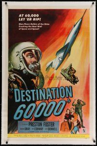 4g106 DESTINATION 60,000 linen 1sh '57 cool artwork of military man-flown bullets of the skies!