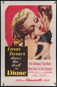 4g110 DIANE linen 1sh '56 sexy Lana Turner dares the devil, great close up romantic artwork!