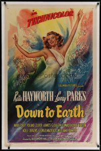4g118 DOWN TO EARTH linen 1sh '46 sensational colorful artwork of sexiest Rita Hayworth!