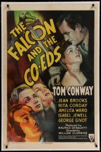 4g129 FALCON & THE CO-EDS linen 1sh '43 artwork of detective Tom Conway, pretty ladies & murderer!