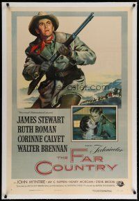 4g134 FAR COUNTRY linen 1sh '55 cool art of cowboy James Stewart with rifle, Anthony Mann