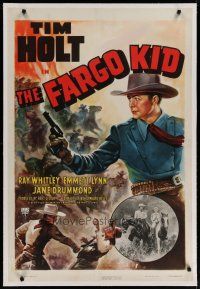 4g135 FARGO KID linen 1sh '40 great artwork of cowboy Tim Holt fighting in North Dakota!