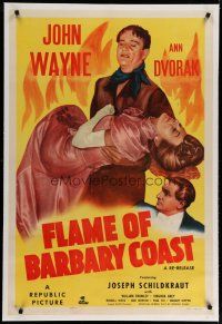 4g142 FLAME OF BARBARY COAST linen 1sh R50 John Wayne carries unconscious Ann Dvorak from fire!