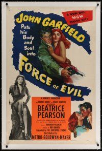 4g145 FORCE OF EVIL linen 1sh '48 cool image of John Garfield w/smoking gun & sexy Marie Windsor!