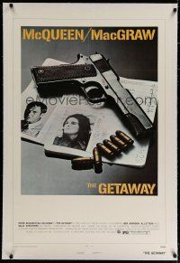 4g154 GETAWAY linen 1sh '72 Steve McQueen, Ali McGraw, Sam Peckinpah, cool gun & passports image!