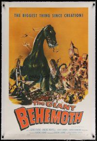 4g158 GIANT BEHEMOTH linen 1sh '59 cool art of massive brontosaurus dinosaur monster smashing city!