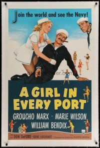4g161 GIRL IN EVERY PORT linen 1sh '52 artwork of wacky sailor Groucho Marx & sexy Marie Wilson!