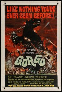 4g169 GORGO linen 1sh '61 great artwork of giant monster terrorizing city by Joseph Smith!