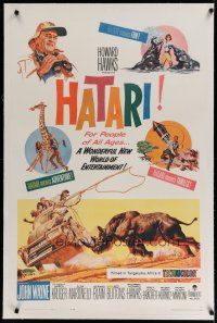 4g179 HATARI linen 1sh '62 Howard Hawks, great artwork images of John Wayne in Africa!