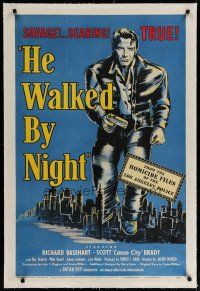 4g182 HE WALKED BY NIGHT linen 1sh '48 documentary style police manhunt for Los Angeles killer!