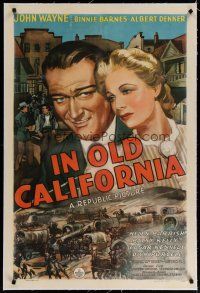 4g199 IN OLD CALIFORNIA linen 1sh '42 art of John Wayne & Binnie Barnes, wagon train in huge valley
