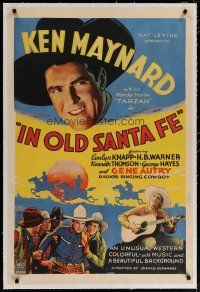4g200 IN OLD SANTA FE linen 1sh '34 great art of cowboys Ken Maynard & first Gene Autry w/guitar!