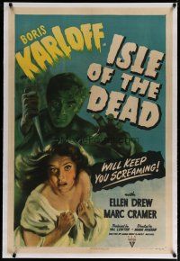 4g208 ISLE OF THE DEAD linen 1sh '45 art of Boris Karloff & Ellen Drew in buried-alive horror!
