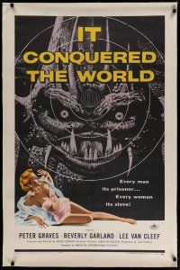 4g209 IT CONQUERED THE WORLD linen 1sh '56 Roger Corman, Kallis art of wacky monster & sexy girl!
