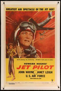 4g215 JET PILOT linen int'l 1sh '57 art of pilot John Wayne & sexy Janet Leigh, Howard Hughes!