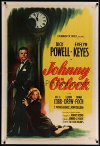 4g216 JOHNNY O'CLOCK linen 1sh '46 cool noir art of Dick Powell & sexy Evelyn Keyes by clock!