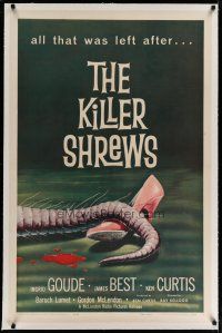 4g221 KILLER SHREWS linen 1sh '59 classic horror art of all that was left after the monster attack!