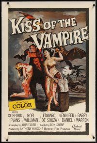 4g225 KISS OF THE VAMPIRE linen 1sh '63 Hammer, cool art of devil bats attacking by Joseph Smith!
