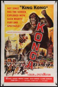 4g227 KONGA linen 1sh '61 great artwork of giant angry ape terrorizing city by Reynold Brown!