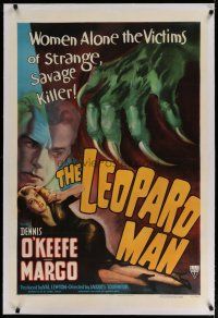 4g243 LEOPARD MAN linen 1sh '43 Jacques Tourneur, Val Lewton, cool cat claw horror artwork!