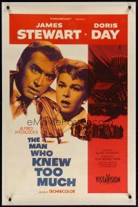 4g261 MAN WHO KNEW TOO MUCH linen 1sh '56 James Stewart & Doris Day, directed by Alfred Hitchcock!
