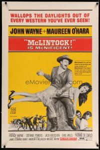 4g268 McLINTOCK linen 1sh '63 best image of John Wayne giving sexy Maureen O'Hara a spanking!