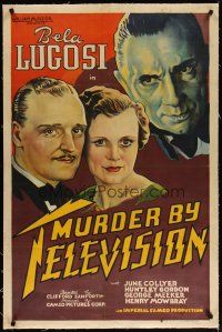 4g285 MURDER BY TELEVISION linen 1sh '35 stone litho of Bela Lugosi, inventor killed because of TV!