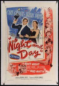 4g293 NIGHT & DAY linen 1sh '46 Cary Grant as Cole Porter loves sexy Alexis Smith!