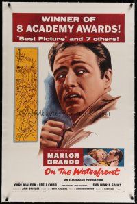 4g304 ON THE WATERFRONT linen 1sh R59 directed by Elia Kazan, classic image of Marlon Brando!