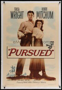 4g329 PURSUED linen 1sh '47 great full-length image of Robert Mitchum with gun & Teresa Wright!