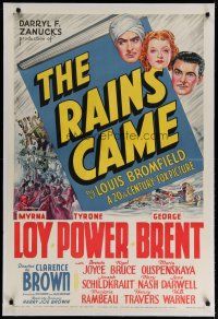 4g335 RAINS CAME linen 1sh '39 stone litho of Myrna Loy, Tyrone Power & George Brent in India!