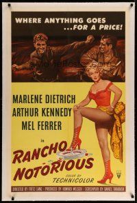 4g337 RANCHO NOTORIOUS linen 1sh '52 Fritz Lang, art of sexy Marlene Dietrich showing her legs!
