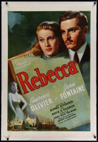 4g340 REBECCA linen 1sh '40 Alfred Hitchcock classic, art of Laurence Olivier & Joan Fontaine!
