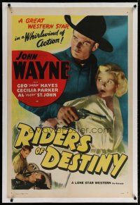 4g348 RIDERS OF DESTINY linen 1sh R47 great close up of young cowboy John Wayne with gun & girl!
