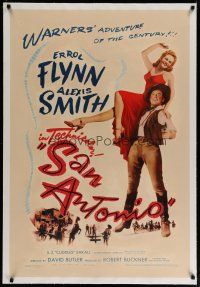 4g360 SAN ANTONIO linen 1sh '45 great full-length image of Alexis Smith on Errol Flynn's shoulder!