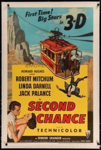 4g365 SECOND CHANCE linen 1sh '53 cool 3-D art of Robert Mitchum, sexy Linda Darnell & cable car!